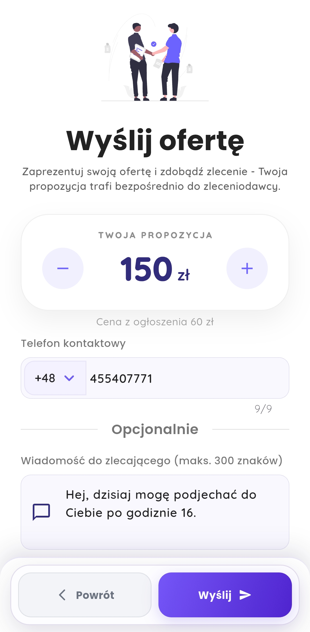Wysyłanie oferty do zleceniodawcy w Giggo